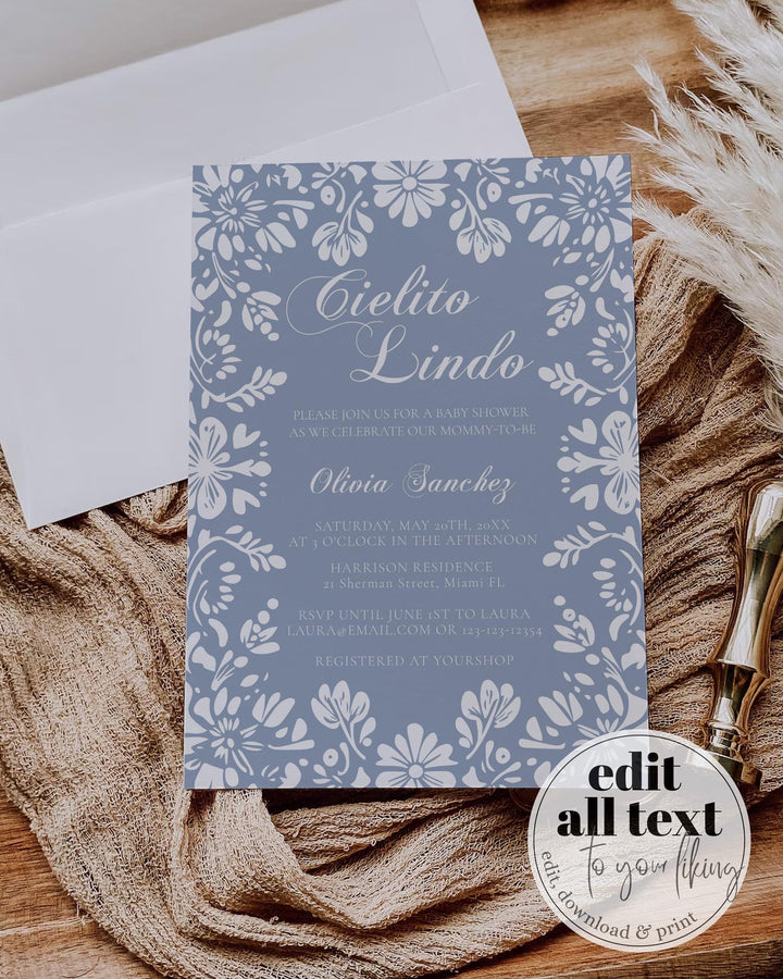 Cielito Lindo Baby Shower Invitation, Editable Blue Vintage Mexican themed Baby Shower Invite, White Talavera Papel Picado Template #067 - TheLovebirdsDesign
