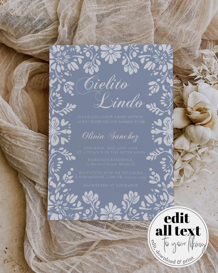 Cielito Lindo Baby Shower Invitation, Editable Blue Vintage Mexican themed Baby Shower Invite, White Talavera Papel Picado Template #067 - TheLovebirdsDesign