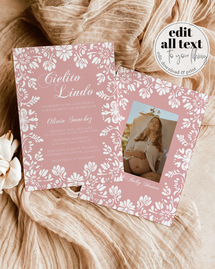 Pink Cielito Lindo Baby Shower Invitation, Editable Vintag Mexican themed Baby Shower Invite for Girls, Talavera Papel Picado Template #067 - TheLovebirdsDesign