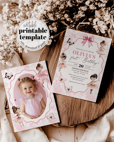 Ballerina Birthday Invitation Toile de Jouy Ballerina Ballet Dancer Tutu cute Girl Birthday Invitation Editable Template Download #072 - TheLovebirdsDesign