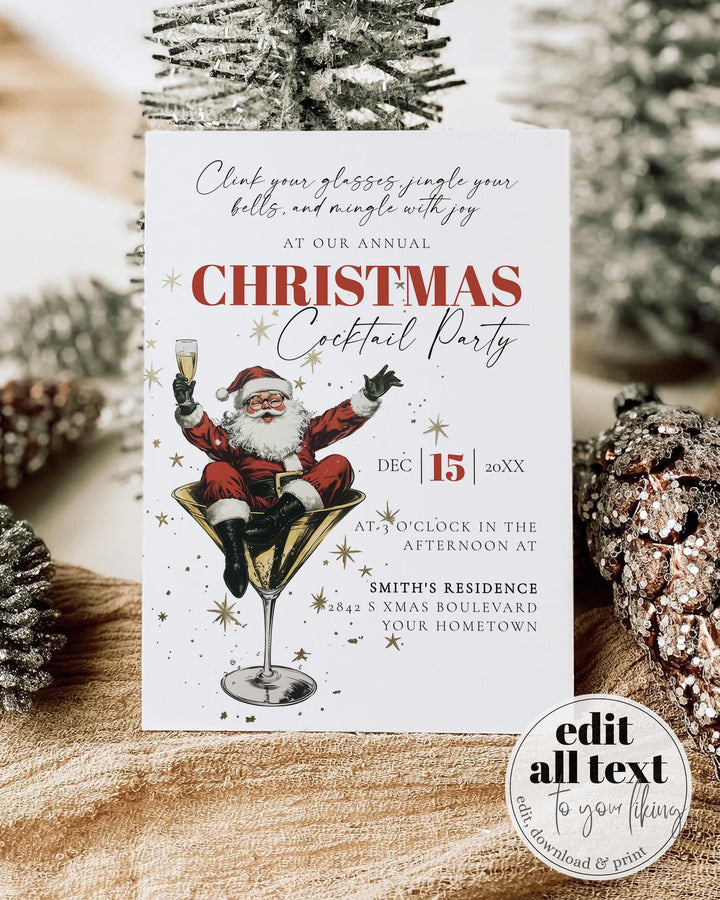 Santa Christmas Cocktail Party Invitation, Drunk Santa Martini Retro Holiday Invite Template #072 - TheLovebirdsDesign
