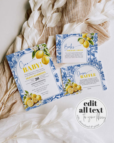 Citrus Lemon Amalfi Coast Baby Shower Invitation, Positano Toile de Jouy Baby Shower Invite Suite Mediterranean Printable Template #072 - TheLovebirdsDesign