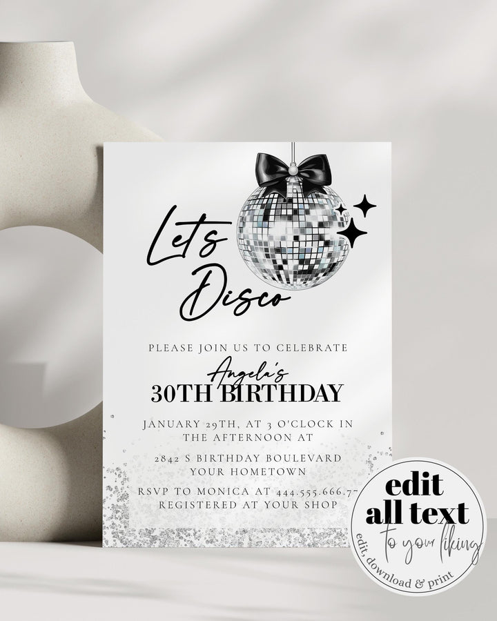 Modern Disco Ball Black Bow Birthday Invitation, Funky Bow Pearls Discoball 30th Birthday Invitation, Adult Party Printable Template #072 - TheLovebirdsDesign
