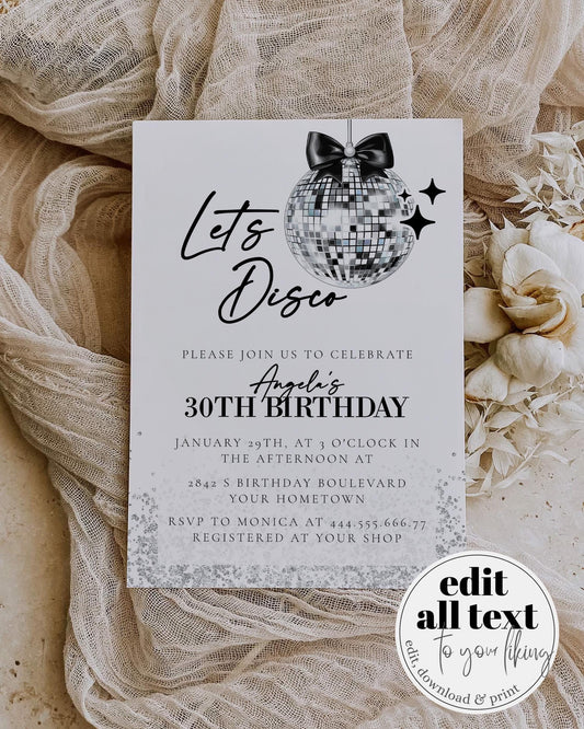 Modern Disco Ball Black Bow Birthday Invitation, Funky Bow Pearls Discoball 30th Birthday Invitation, Adult Party Printable Template #072 - TheLovebirdsDesign