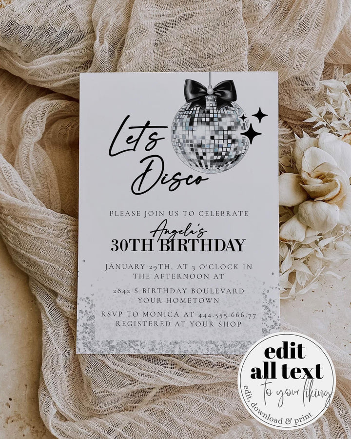 Modern Disco Ball Black Bow Birthday Invitation, Funky Bow Pearls Discoball 30th Birthday Invitation, Adult Party Printable Template #072 - TheLovebirdsDesign