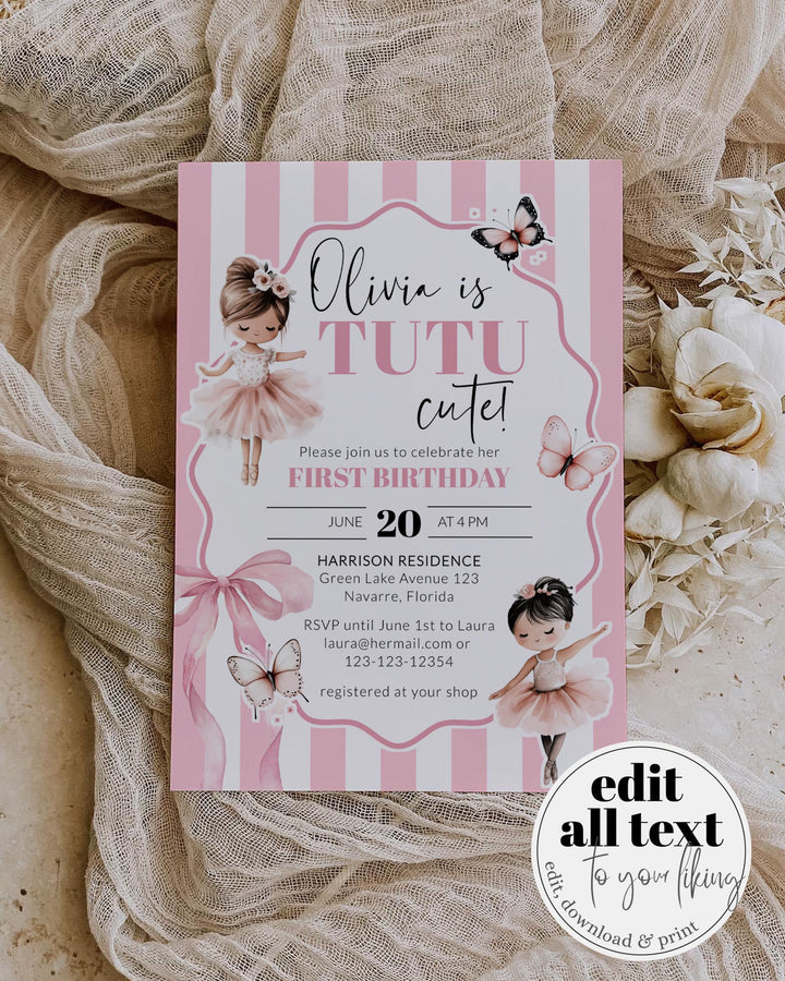 Pink Tutu Birthday Pink Ribbon Bow Invitation Girl 1st Birthday Ballerina Invite Tutu Cute Sugar Plum Fairy Dance Party Bday Template #072 - TheLovebirdsDesign
