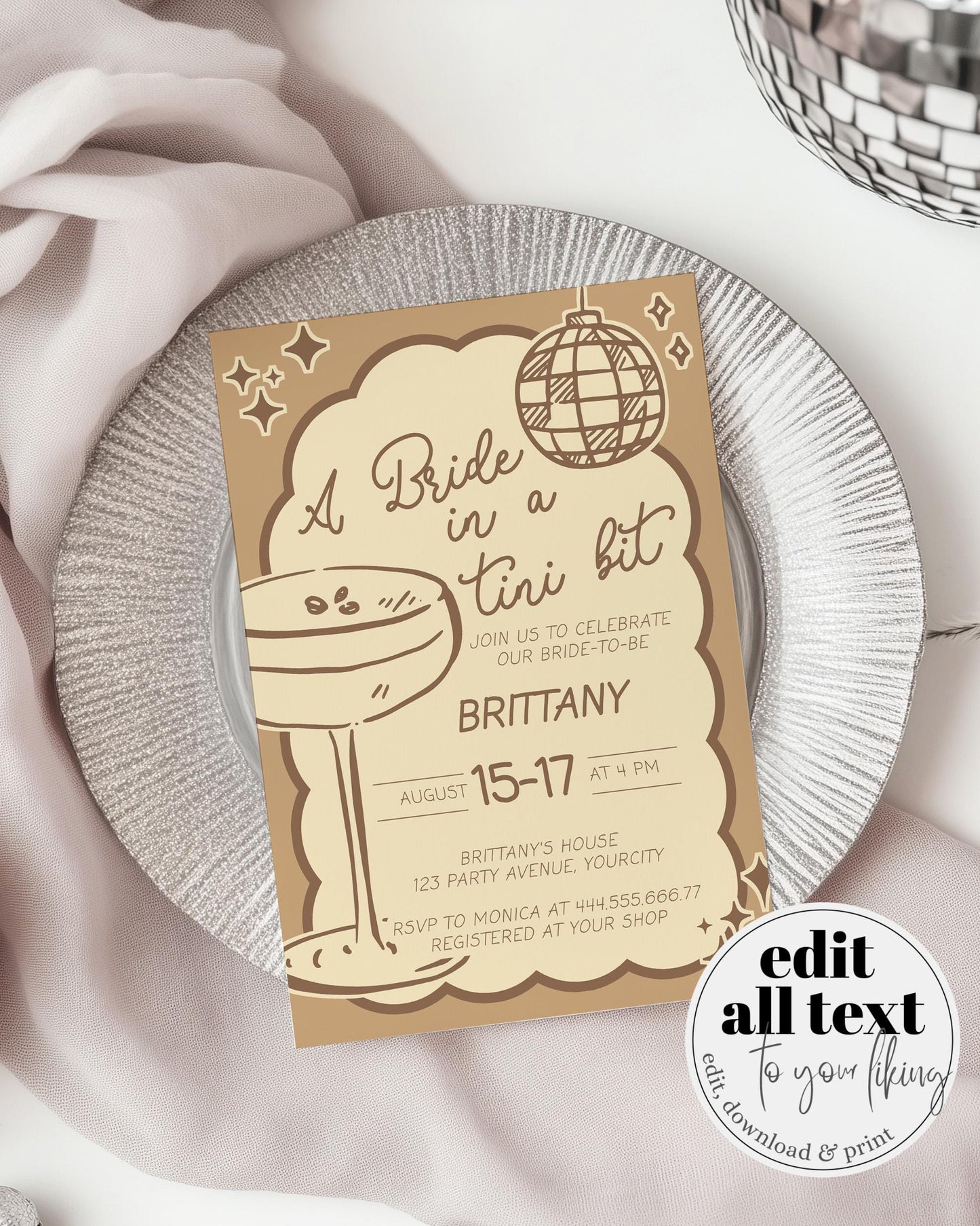 Espresso Martini Bachelorette Party Invitation, Tinis and Bikinis Cocktail Club Bridal Party Invite Hand Drawn Wavy Frame Print Template#070 - TheLovebirdsDesign