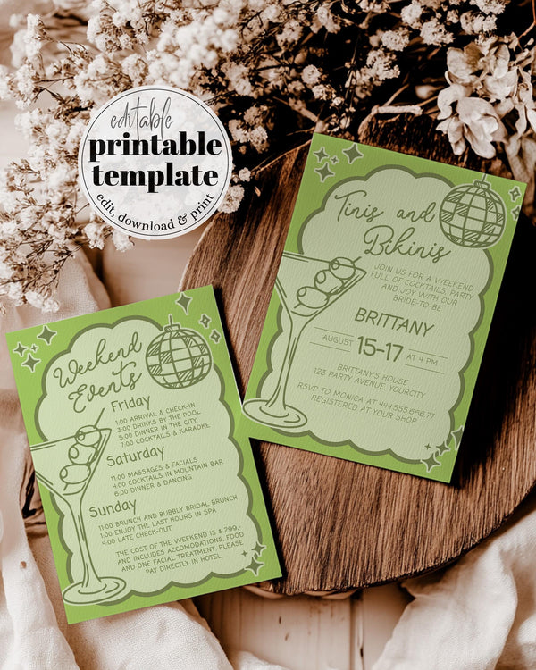 Tini Bit Older Bachelorette Party Invitation, Funky Tinis & Bikinis Bachelorette Weekend Itinerary, Cocktail Club Party Invite Template #070 - TheLovebirdsDesign