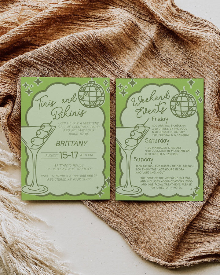 Tini Bit Older Bachelorette Party Invitation, Funky Tinis & Bikinis Bachelorette Weekend Itinerary, Cocktail Club Party Invite Template #070 - TheLovebirdsDesign