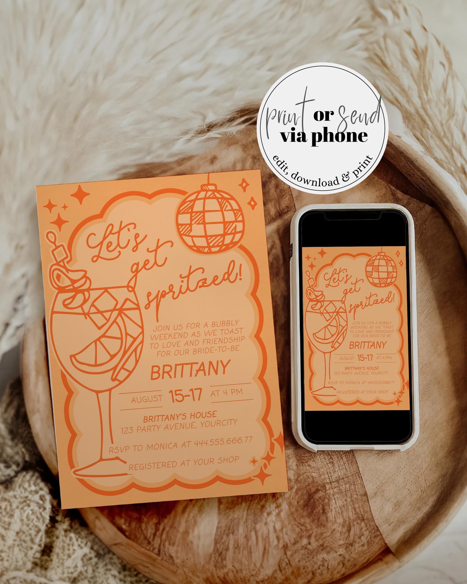 Orange Spritz Bachelorette Party Invitation, Lets get Spritzed Bridal Shower Invite, Funky Italian Hen Do Weekend Itinerary Template #070 - TheLovebirdsDesign