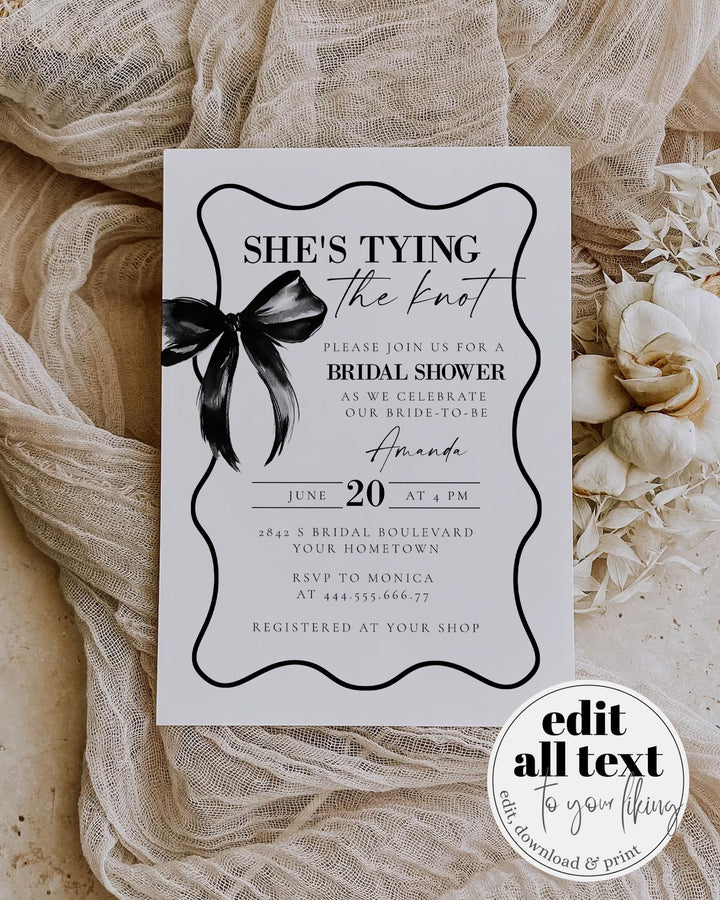 She's tying the knot Black Bow Bridal Shower Invitation with Wavy Frame, Simple Classy Coquette Bow Bridal Shower Invite Template #072 - TheLovebirdsDesign