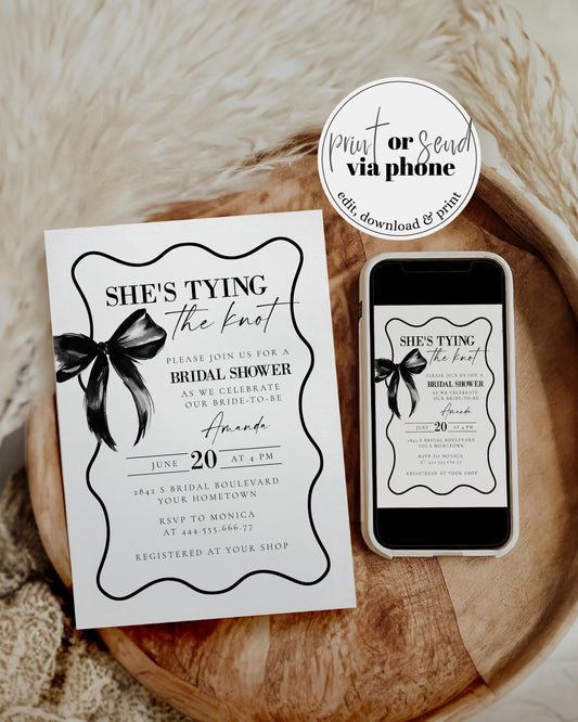 She's tying the knot Black Bow Bridal Shower Invitation with Wavy Frame, Simple Classy Coquette Bow Bridal Shower Invite Template #072 - TheLovebirdsDesign