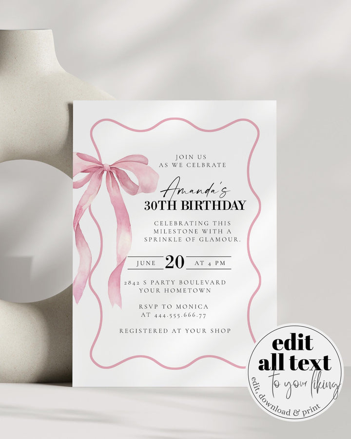 Pink Bow Birthday Invitation for Adults, Classy Coquette Pink Bow 30th Birthday Invite Women, Cottagecore Wavy Frame Printable Template #072 - TheLovebirdsDesign