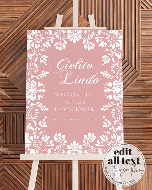 Pink Cielito Lindo Welcome Sign Template, Vintage Mexican Baby Shower Decorations Sign for Girls, Talavera Papel Picado Template #067 - TheLovebirdsDesign