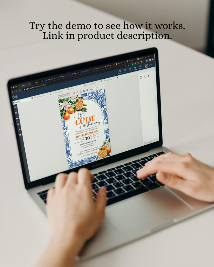 Little Cutie on it's way Citrus Orange Amalfi Coast Baby Shower Invitation Bundle, Toile de Jouy Mediterranean Shower Template Bundle #072 - TheLovebirdsDesign