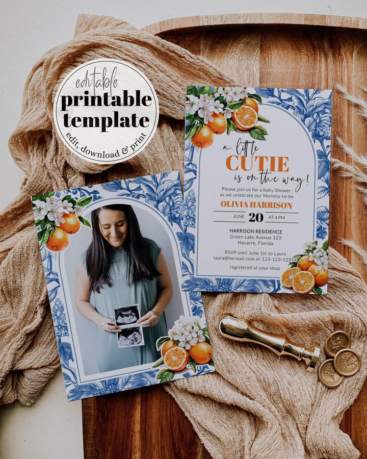 Little Cutie is on it's way Citrus Orange Amalfi Coast Baby Shower Invitation, Toile de Jouy Mediterranean Baby Shower Invite Suite #072 - TheLovebirdsDesign