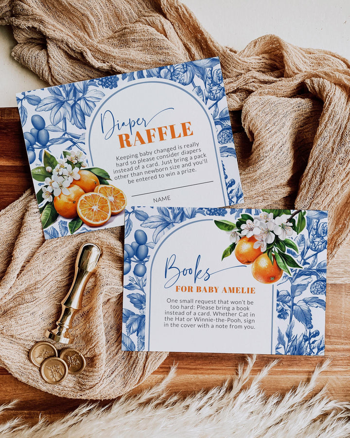 Little Cutie is on it's way Citrus Orange Amalfi Coast Baby Shower Invitation, Toile de Jouy Mediterranean Baby Shower Invite Suite #072 - TheLovebirdsDesign