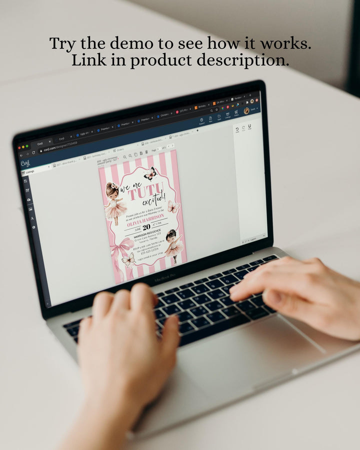 Tutu Excited Baby Shower Invitation, A Little Ballerina Girl Baby Shower Invite, Pink Stripes Butterflies Ballet Printable Template #072 - TheLovebirdsDesign