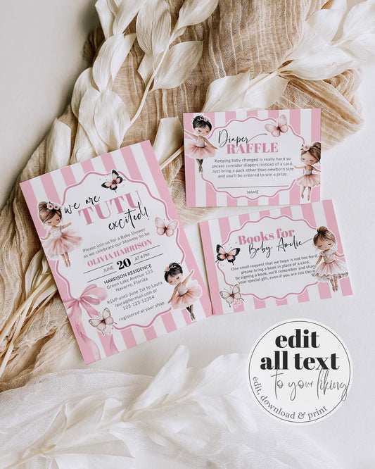 Tutu Excited Baby Shower Invitation, A Little Ballerina Girl Baby Shower Invite, Pink Stripes Butterflies Ballet Printable Template #072 - TheLovebirdsDesign