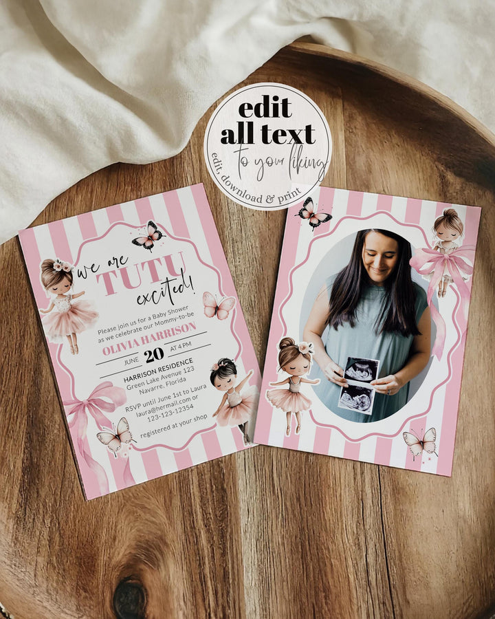 Tutu Excited Baby Shower Invitation, A Little Ballerina Girl Baby Shower Invite, Pink Stripes Butterflies Ballet Printable Template #072 - TheLovebirdsDesign