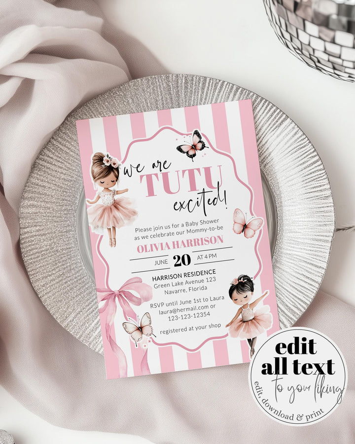 Tutu Excited Baby Shower Invitation, A Little Ballerina Girl Baby Shower Invite, Pink Stripes Butterflies Ballet Printable Template #072 - TheLovebirdsDesign