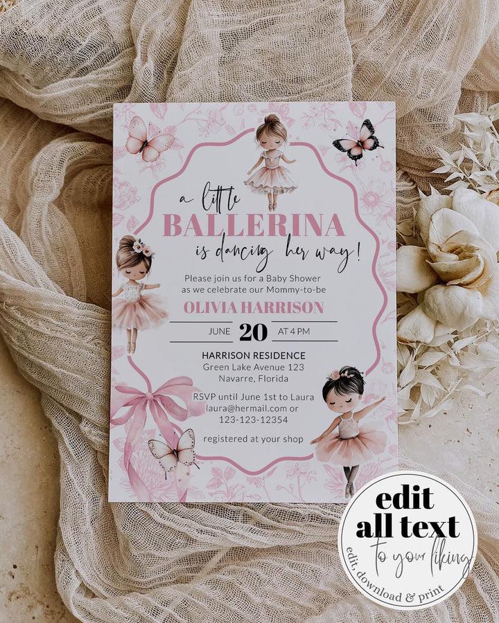 Tutu Excited Ballerina Baby Shower Invitation, Girl Ballet Baby Shower Invite, Toile de Jouy Butterfly Ballerina Themed Party Template #072 - TheLovebirdsDesign