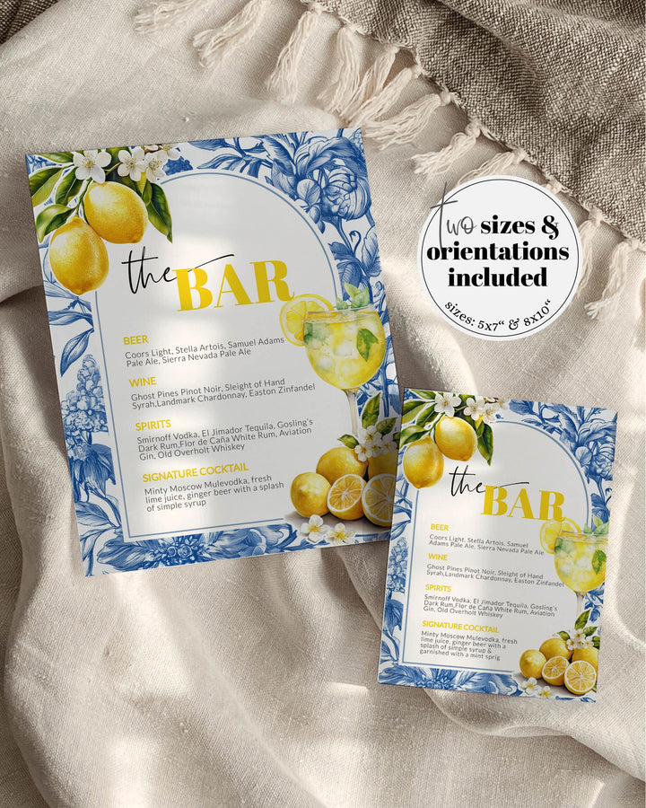Citrus Limoncello Spitz Bar Menu Template, Cocktail Drinks Menu for Lemon Amalfi Coast Positano Bridal Shower or Mediterranean Wedding #072 - TheLovebirdsDesign