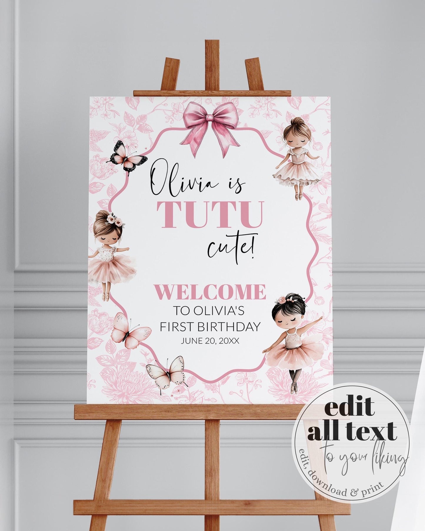 TUTU cute Ballerina Welcome Sign Template, Girl Ballet Baby Shower or Birthday Decorations Sign, Toile de Jouy Butterfly Tutu Party #072 - TheLovebirdsDesign