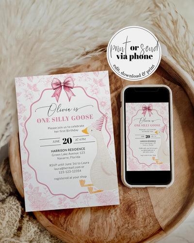 One Silly Goose Toile de Jouy Girl First Birthday Invitation, Vintage Goose Invite Coquette Bow Party Decor Printable Template #072 - TheLovebirdsDesign