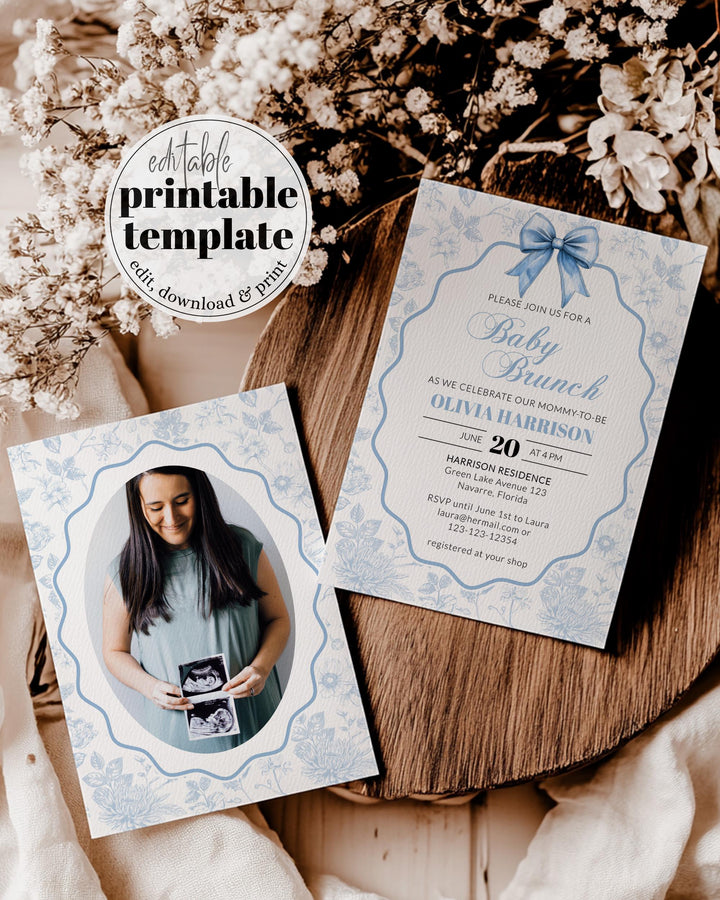 Blue Toile Baby Shower Invitation, Chinoiserie Baby Brunch Invite with Fancy Blue Bow, Coquette Chinoiserie Shower Party Template #072 - TheLovebirdsDesign