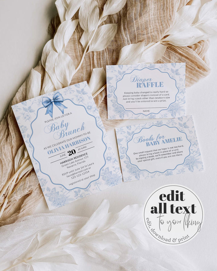 Blue Toile Baby Shower Invitation, Chinoiserie Baby Brunch Invite with Fancy Blue Bow, Coquette Chinoiserie Shower Party Template #072 - TheLovebirdsDesign