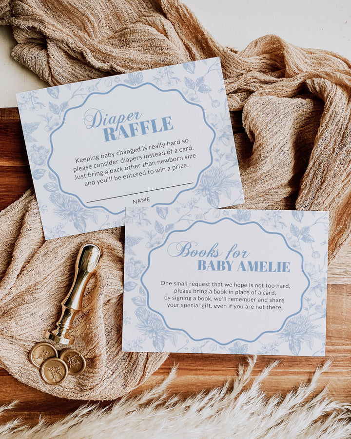 Blue Toile Baby Shower Invitation, Chinoiserie Baby Brunch Invite with Fancy Blue Bow, Coquette Chinoiserie Shower Party Template #072 - TheLovebirdsDesign
