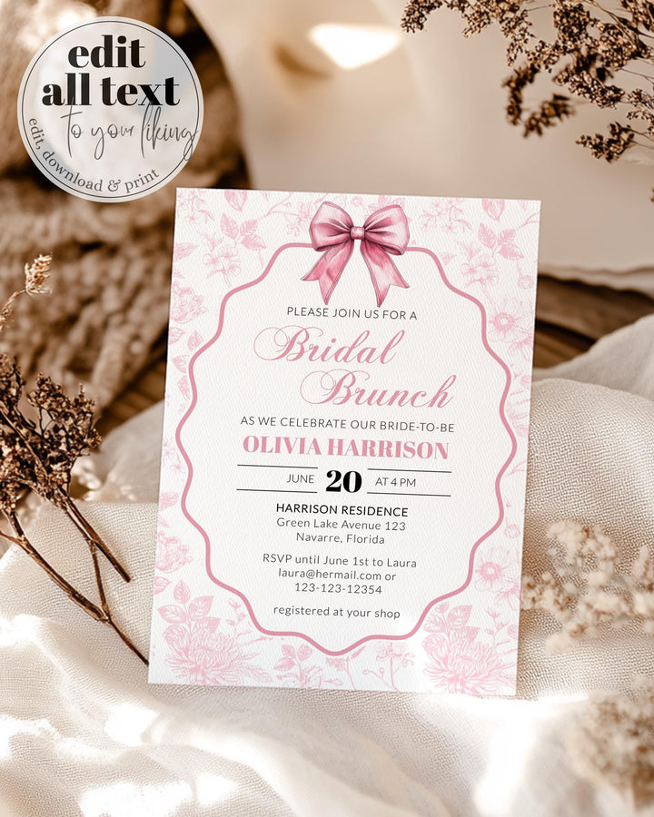 Pink Toile Bridal Brunch Invite, Cottagecore French Toile Bridal Shower Invitation with Bow for a Prosecco Garden Tea Party Printable #072 - TheLovebirdsDesign