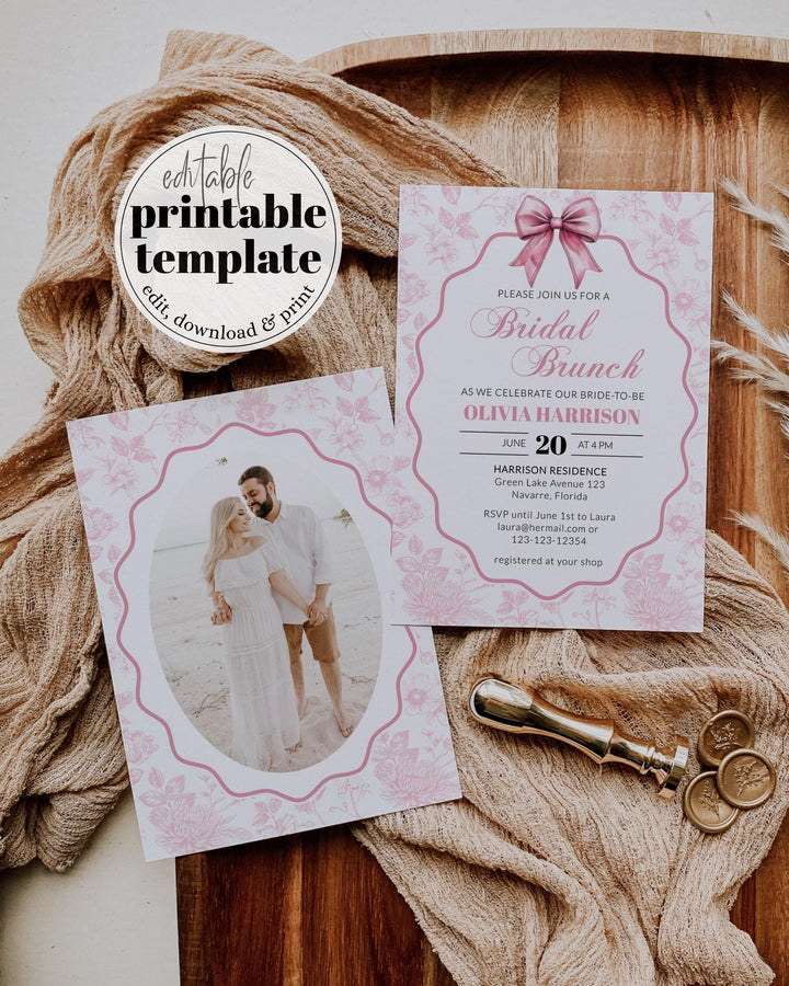 Pink Toile Bridal Brunch Invite, Cottagecore French Toile Bridal Shower Invitation with Bow for a Prosecco Garden Tea Party Printable #072 - TheLovebirdsDesign
