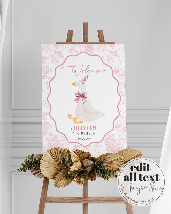 One Silly Goose Welcome Sign, Toile de Jouy Vintage Silly Goose on the Loose Welcome Sign Birthday Girl, Party Decoration Sign Template #072 - TheLovebirdsDesign