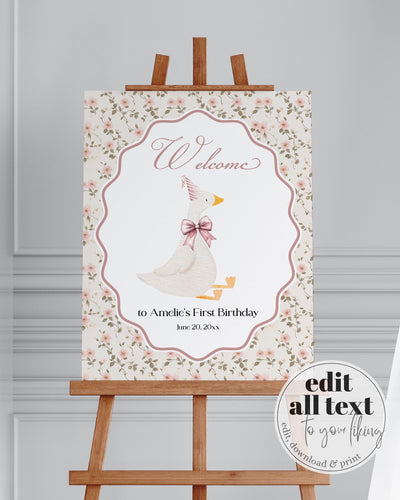 One Silly Goose Party Decorations Welcome Sign, Vintage Floral Silly Goose Welcome Sign for 1st Birthday Girl Party Decoration Template #072 - TheLovebirdsDesign