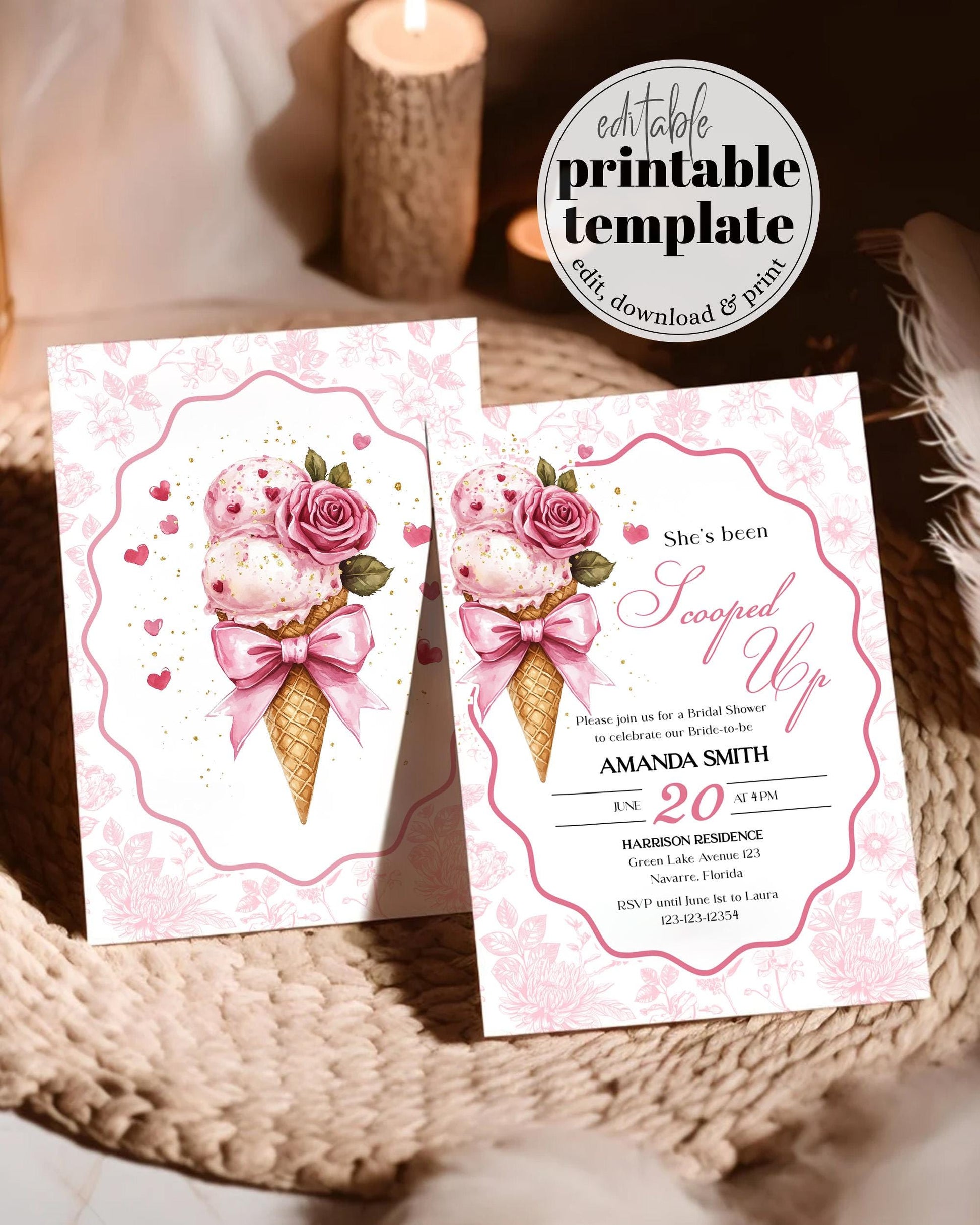 Scooped up Bridal Shower Invitation, Toile de Jouy Vintage Ice Cream Bridal Shower Invite Garden Party Sweets Hearts Printable Template #072 - TheLovebirdsDesign