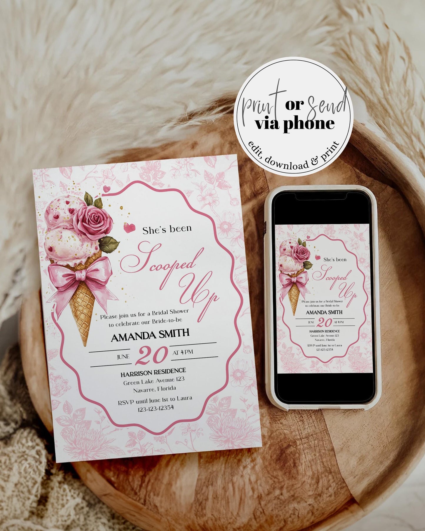 Scooped up Bridal Shower Invitation, Toile de Jouy Vintage Ice Cream Bridal Shower Invite Garden Party Sweets Hearts Printable Template #072 - TheLovebirdsDesign