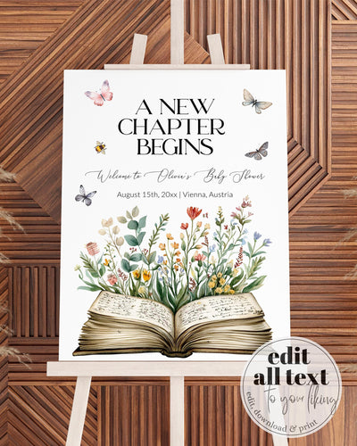 New Chapter Begins Storybook Baby Shower Welcome Sign, Once upon a time Gender Neutral Book Baby Shower Decor, Reading Library Party #068 - TheLovebirdsDesign