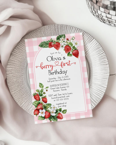 Berry First Birthday Invitation Editable 1st Birthday Girl Invite Pink Gingham Cottagecore Strawberry First Birthday Printable Template #068 - TheLovebirdsDesign