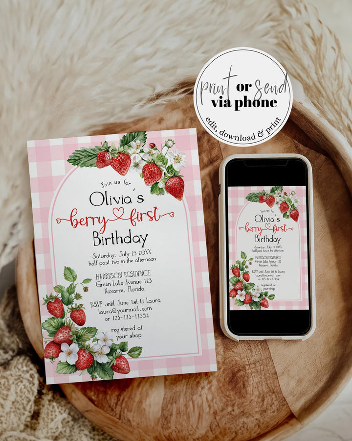 Berry First Birthday Invitation Editable 1st Birthday Girl Invite Pink Gingham Cottagecore Strawberry First Birthday Printable Template #068 - TheLovebirdsDesign