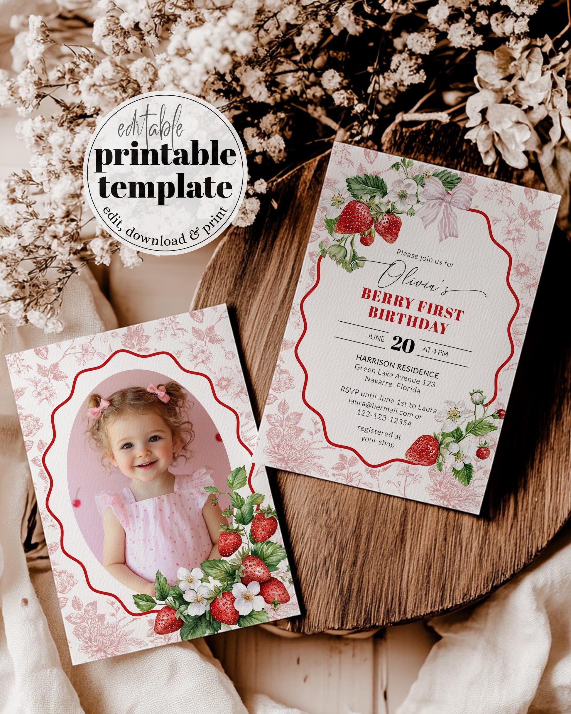 Vintage Berry First Birthday Invitation, Toile de Jouy Berry 1st Birthday Girls Invite Strawberry Party Invitation Printable Template #072 - TheLovebirdsDesign