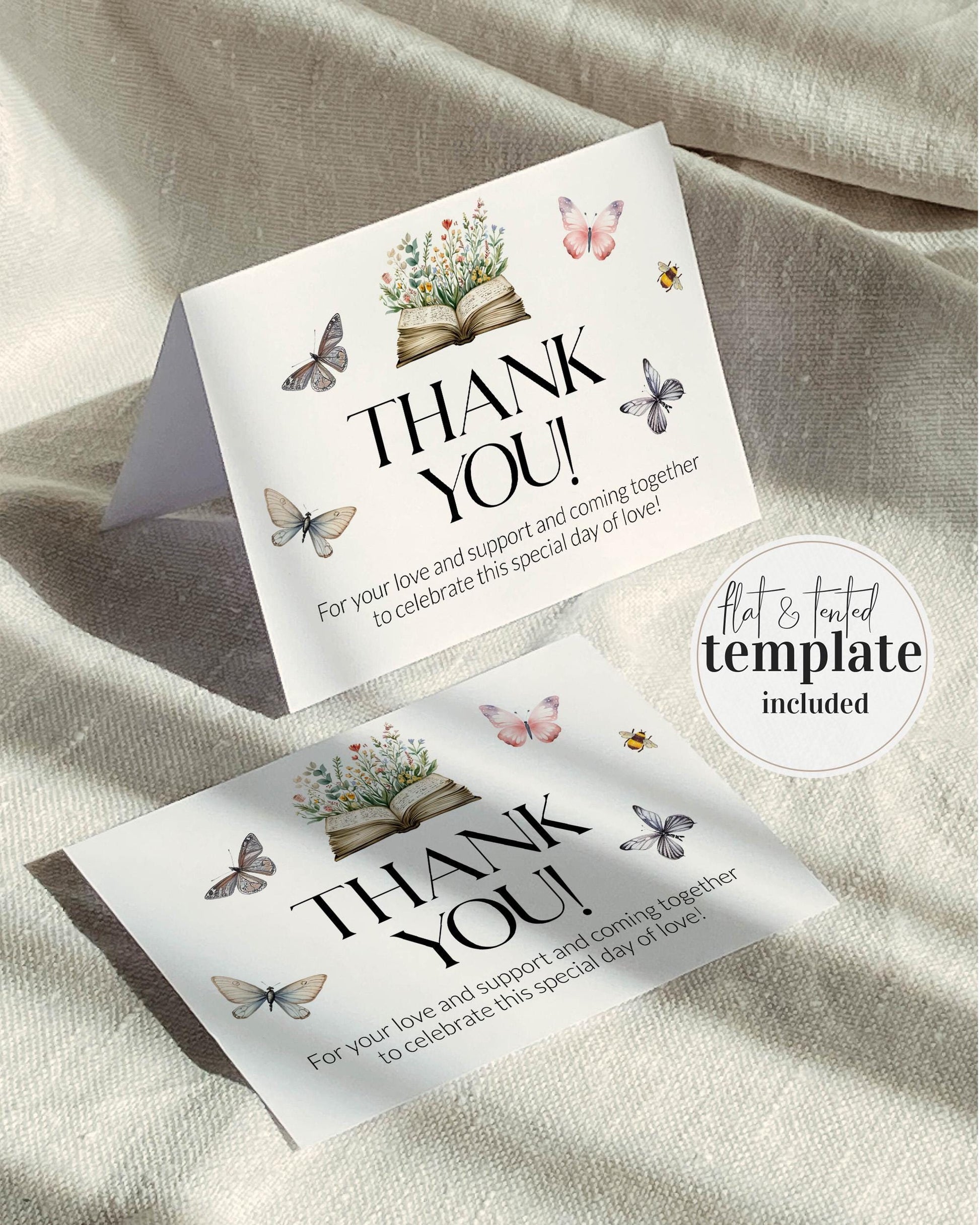 Storybook Thank You Card, A New Chapter Begins Baby Shower Thank You Note, Library Reading Wildflower Butterfly Themed Party Template #072 - TheLovebirdsDesign