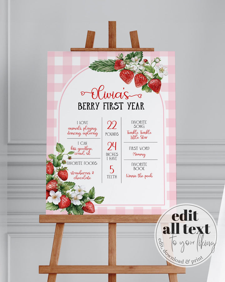 Berry First Birthday Milestone Sign, Editable 1st Birthday Girl Milestone Board, Pink Gingham Strawberry Milestone Printable Template #068 - TheLovebirdsDesign
