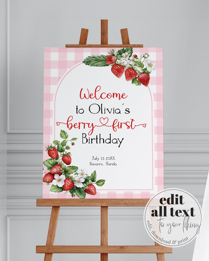 Berry First Birthday Welcome Sign 1st Birthday Girl Party Decoration Pink Gingham Strawberry Birthday Party Welcome Sign Template #068 - TheLovebirdsDesign