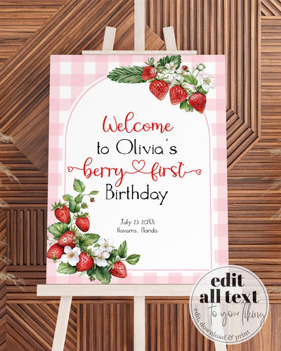 Berry First Birthday Welcome Sign 1st Birthday Girl Party Decoration Pink Gingham Strawberry Birthday Party Welcome Sign Template #068 - TheLovebirdsDesign