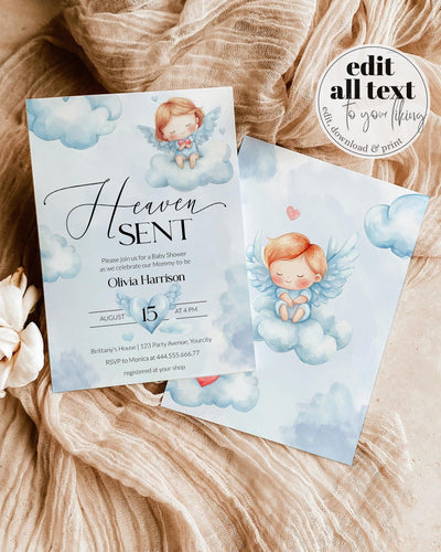 Blue Heaven Sent Baby Shower Invitation Boy with Angel and Wings, Little Piece of Heaven Baby Shower Invite, Printable Party Template #072 - TheLovebirdsDesign