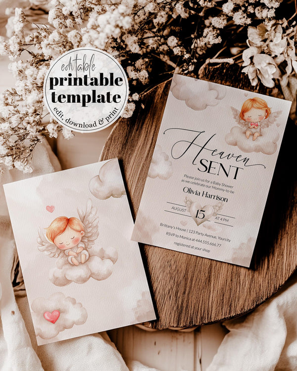 Hello Baby Shower Invitation, Gender Neutral Hello Baby Angel Heavenly Sent Shower Invite, Printable Template for Cloud Nine Party #072 - TheLovebirdsDesign