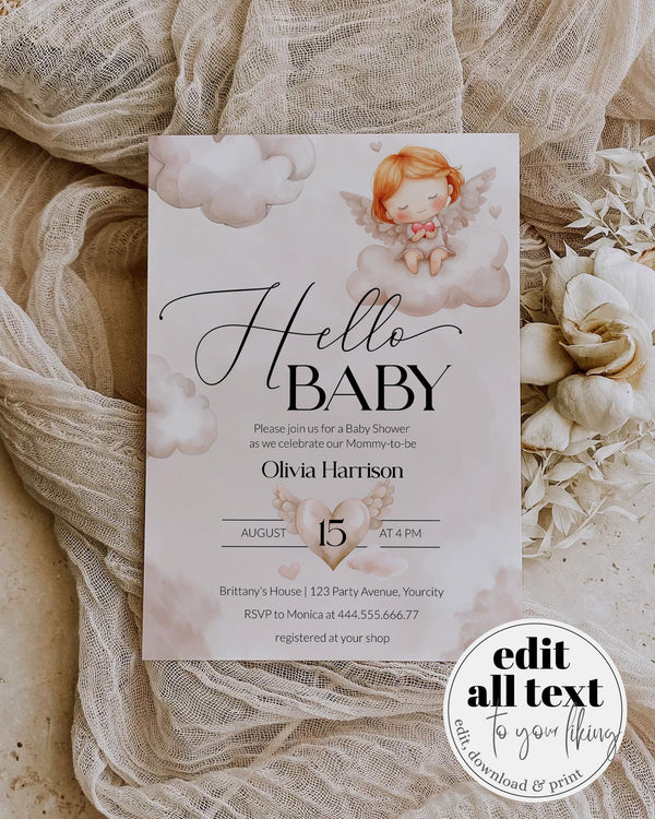 Little Piece of Heaven Baby Shower Invitation, Heaven Sent Baby Shower Invite, Neutral Cloud 9 Heavenly Baby Party Printable Template #072 - TheLovebirdsDesign