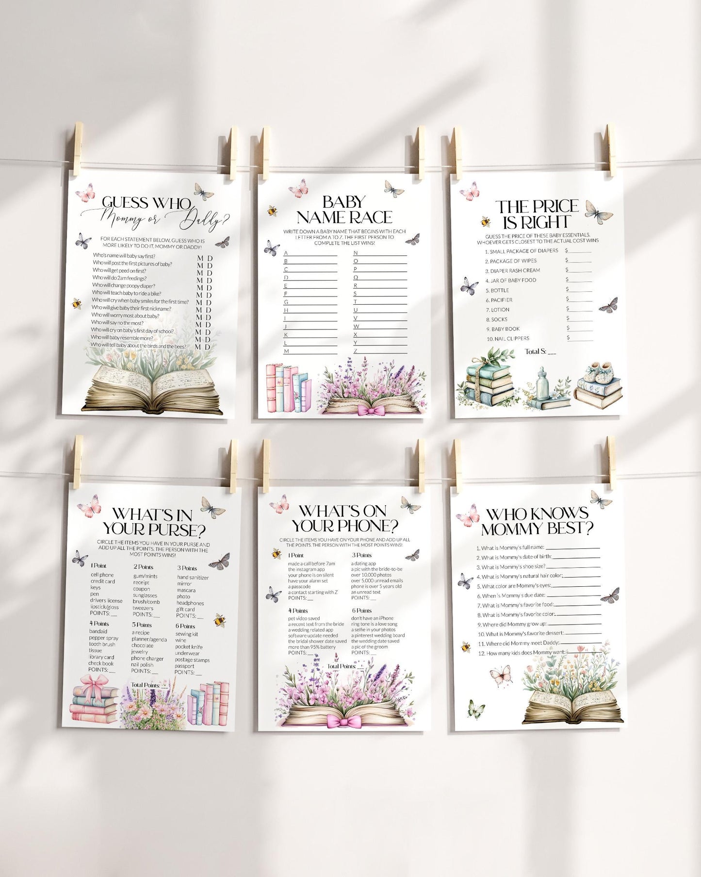 Storybook Baby Shower Game Bundle, A New Chapter Begins Baby Shower Games, Gender Neutral Library Games, Wildflower Butterfly Template #072 - TheLovebirdsDesign